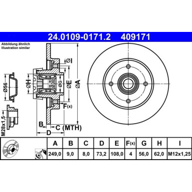 ATE 24.0109-0171.2 Bremsscheibe 249,0x9,0mm, 4x108,0, voll, beschichtet