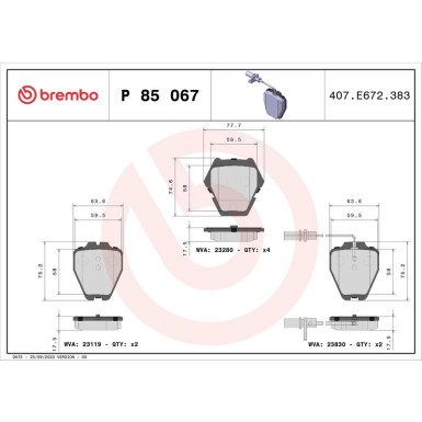 Brembo | Bremsbelagsatz, Scheibenbremse | P 85 067