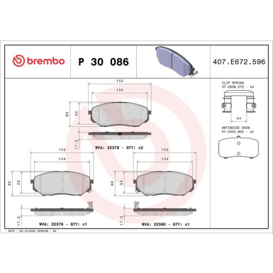 Brembo | Bremsbelagsatz, Scheibenbremse | P 30 086