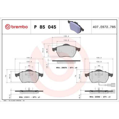 Brembo | Bremsbelagsatz, Scheibenbremse | P 85 045