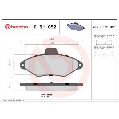 Brembo | Bremsbelagsatz, Scheibenbremse | P 61 052