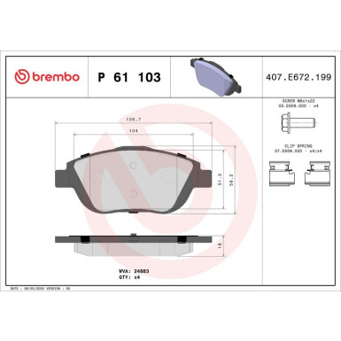 Brembo | Bremsbelagsatz, Scheibenbremse | P 61 103X