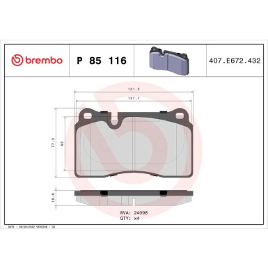 Brembo | Bremsbelagsatz, Scheibenbremse | P 85 116