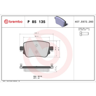 Brembo | Bremsbelagsatz, Scheibenbremse | P 85 135