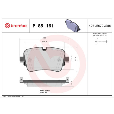 Brembo | Bremsbelagsatz, Scheibenbremse | P 85 161