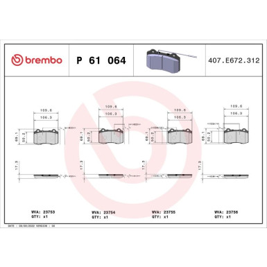 Brembo | Bremsbelagsatz, Scheibenbremse | P 61 064