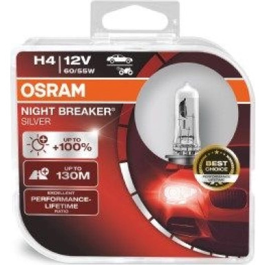 Osram | Glühlampe, Fernscheinwerfer | NIGHT BREAKER® SILVER H4 Duo Box | 64193NBS-HCB