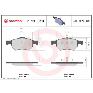 Brembo | Bremsbelagsatz, Scheibenbremse | P 11 013