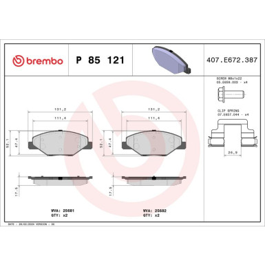 Brembo | Bremsbelagsatz, Scheibenbremse | P 85 121