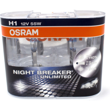 Osram | Glühlampe, Scheinwerfer | NIGHT BREAKER UNLIMITED H1 HALOGEN SCHEINWERFERLAMPE 12V +110% MEHR SICHT | 64150NBU-HCB