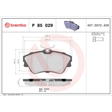 Brembo | Bremsbelagsatz, Scheibenbremse | P 85 029