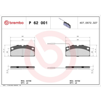 Brembo | Bremsbelagsatz, Scheibenbremse | P 62 001