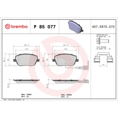 Brembo | Bremsbelagsatz, Scheibenbremse | P 85 077