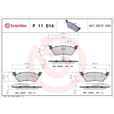 Brembo | Bremsbelagsatz, Scheibenbremse | P 11 014