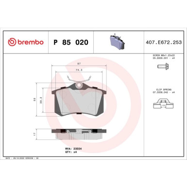 Brembo | Bremsbelagsatz, Scheibenbremse | P 85 020