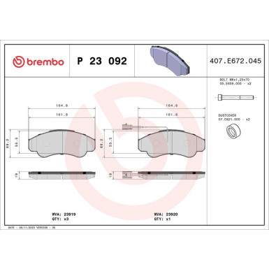 Brembo | Bremsbelagsatz, Scheibenbremse | P 23 092