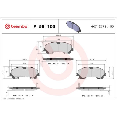 Brembo | Bremsbelagsatz, Scheibenbremse | P 56 106