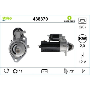 VALEO 438370 Anlasser 12V, 2kW, Zähnez.: 11, R 73, Ø 76 mm