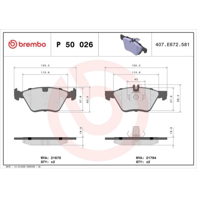 Brembo | Bremsbelagsatz, Scheibenbremse | P 50 026