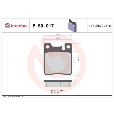 Brembo | Bremsbelagsatz, Scheibenbremse | P 50 017