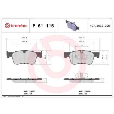 Brembo | Bremsbelagsatz, Scheibenbremse | P 61 116