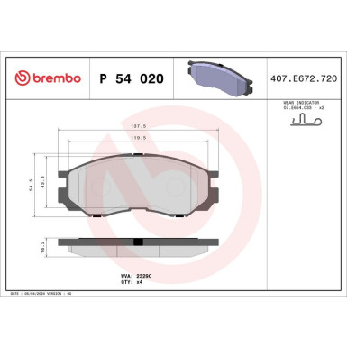 Brembo | Bremsbelagsatz, Scheibenbremse | P 54 020