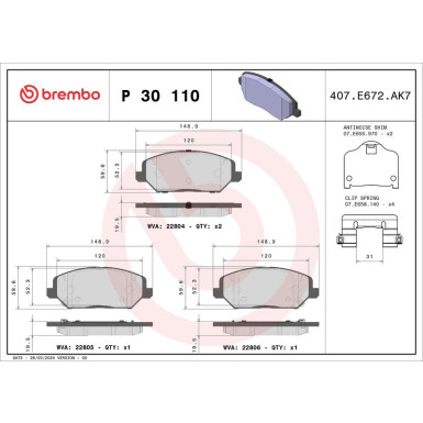 Brembo | Bremsbelagsatz, Scheibenbremse | P 30 110