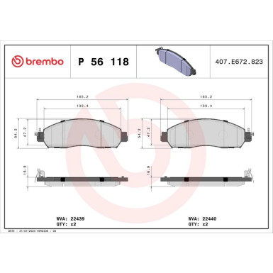 Brembo | Bremsbelagsatz, Scheibenbremse | P 56 118