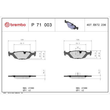 Brembo | Bremsbelagsatz, Scheibenbremse | P 71 003