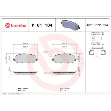 Brembo | Bremsbelagsatz, Scheibenbremse | P 61 104