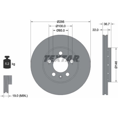 TEXTAR PRO+ 92082205 Bremsscheibe 256x22mm, 05/06x100, außenbelüftet, beschichtet, hochgekohlt