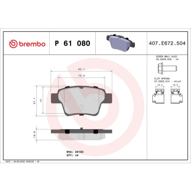 Brembo | Bremsbelagsatz, Scheibenbremse | P 61 080