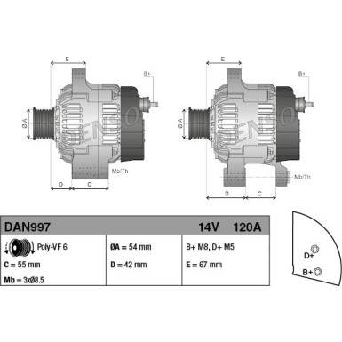 DENSO DAN997 Lichtmaschine 14V, 120A, Ø 54 mm