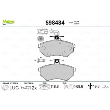 Valeo | Bremsbelagsatz, Scheibenbremse | 598484