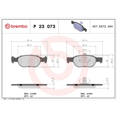 Brembo | Bremsbelagsatz, Scheibenbremse | P 23 073