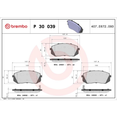 Brembo | Bremsbelagsatz, Scheibenbremse | P 30 039