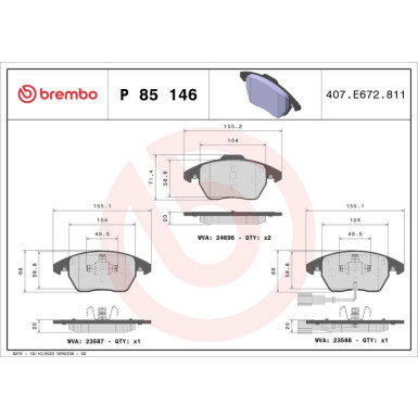 Brembo | Bremsbelagsatz, Scheibenbremse | P 85 146