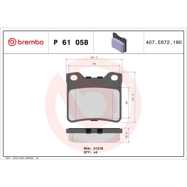 Brembo | Bremsbelagsatz, Scheibenbremse | P 61 058