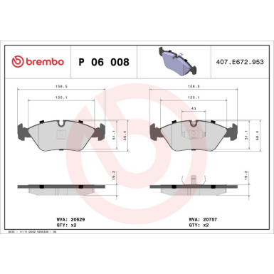 Brembo | Bremsbelagsatz, Scheibenbremse | P 06 008