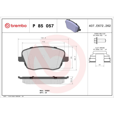 Brembo | Bremsbelagsatz, Scheibenbremse | P 85 057