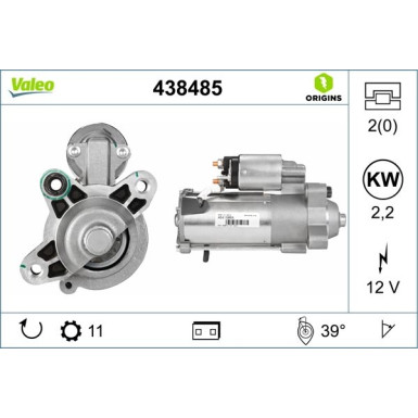 VALEO 438485 Anlasser Starter 2,2kW, 12V, Zähnez.: 11, R 39, Ø 62 mm