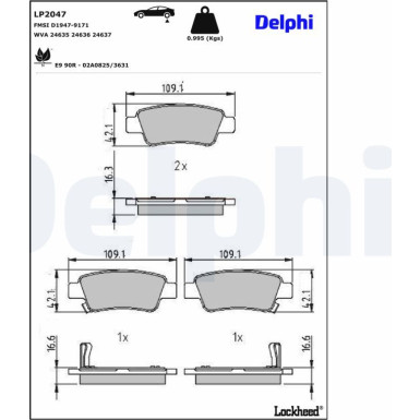 Delphi | Bremsbelagsatz, Scheibenbremse | LP2047 Delphi | Bremsbelagsatz, Scheibenbremse | LP2047