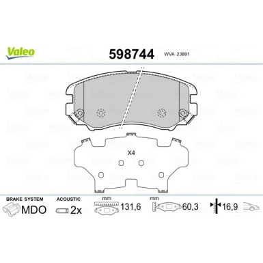 Valeo | Bremsbelagsatz, Scheibenbremse | 598744