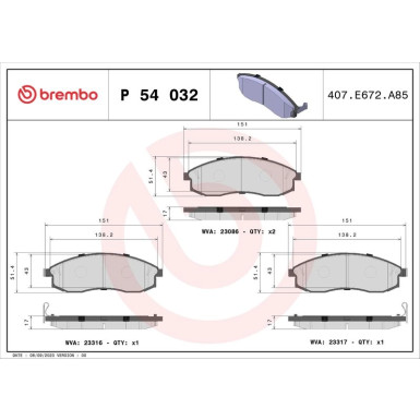 Brembo | Bremsbelagsatz, Scheibenbremse | P 54 032