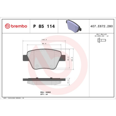 Brembo | Bremsbelagsatz, Scheibenbremse | P 85 114