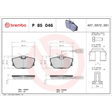 Brembo | Bremsbelagsatz, Scheibenbremse | P 85 046