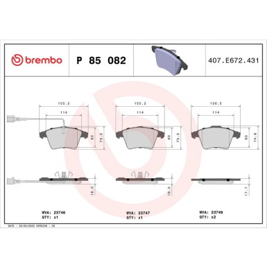 Brembo | Bremsbelagsatz, Scheibenbremse | P 85 082