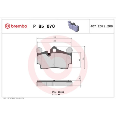 Brembo | Bremsbelagsatz, Scheibenbremse | P 85 070