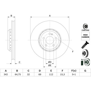 BOSCH 0 986 479 G35 Bremsscheibe 342mm passend für MERCEDES-BENZ S-Klasse Limousine (W222, V222, X222) 5x112