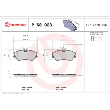 Brembo | Bremsbelagsatz, Scheibenbremse | P 68 023